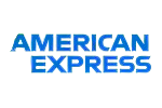 American Express logo with blue "AMERICAN EXPRESS" text crossed by lines within a square frame, conveying trust and premium service.