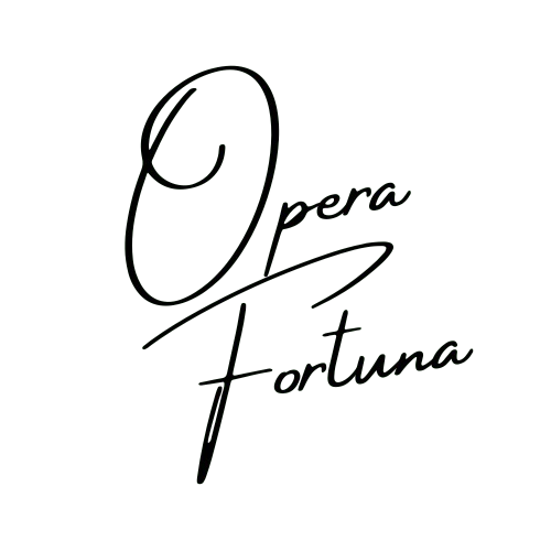 Elegant black cursive signature-style logo for a modern brand, featuring flowing "Opera Fortuna" text in a minimalist handwritten font on a transparent background, evoking sophistication and timeless inspiration.​